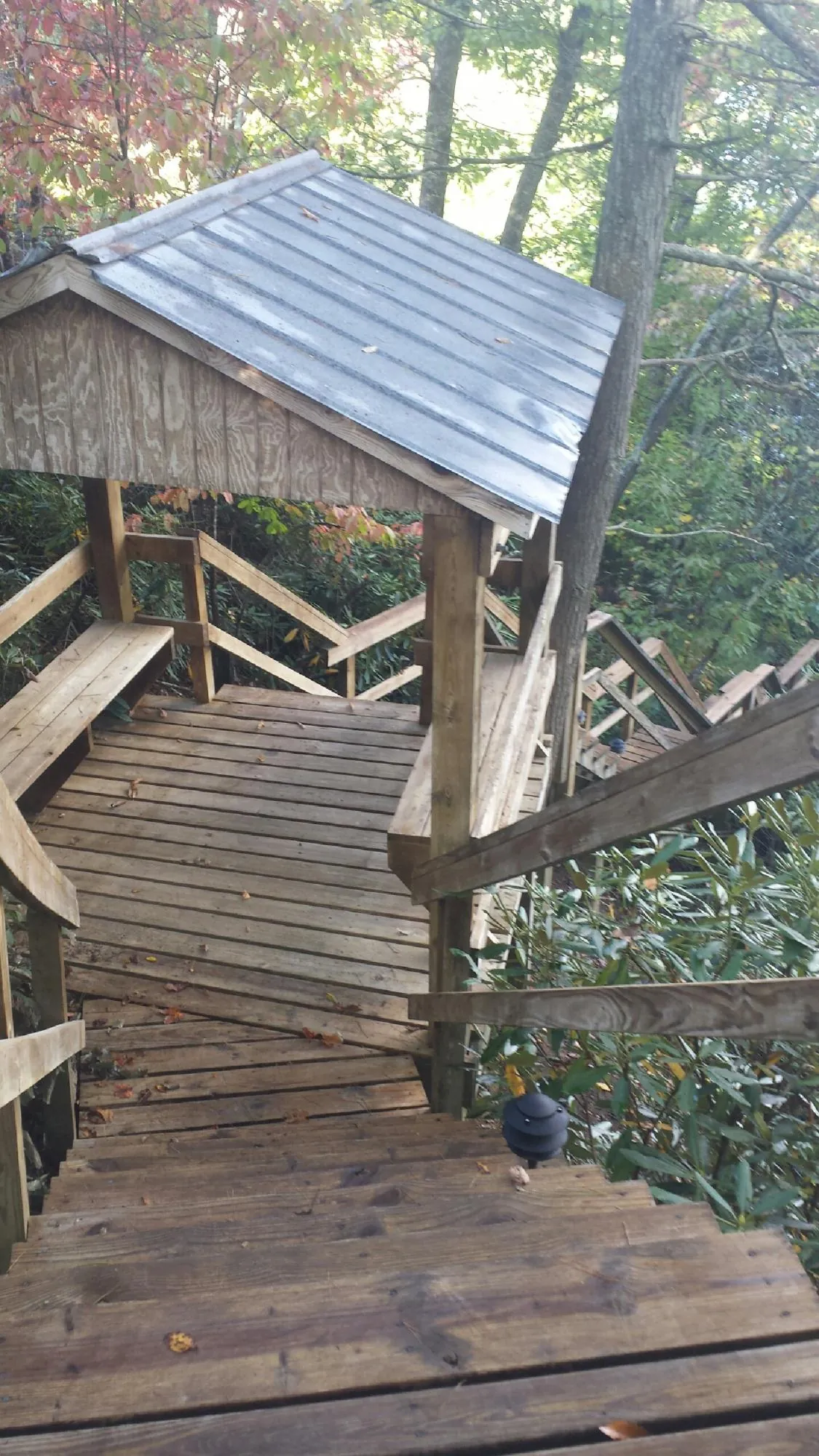 Metal roofed shelter over wooden steps on a wooded walkway — Skylight Repair & Installation work by our crew in Dillwyn